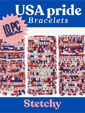 USA Pride Red White Blue Beaded Bracelet Set of 10